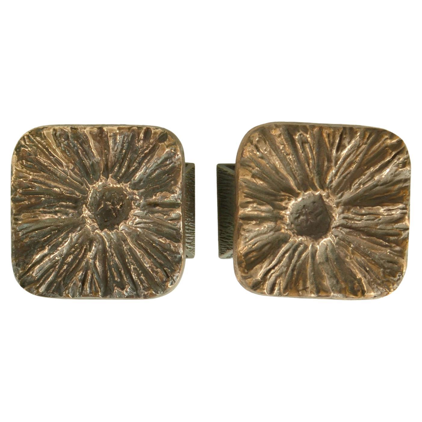 Brutalistisches Paar quadratische Bronze-Türgriffe zum Drücken und Ziehen mit Blumenrelief, Brutalismus
