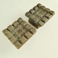 Brutalist Pair of Bronze Square Push Pull Door Handles with Geometric Relief