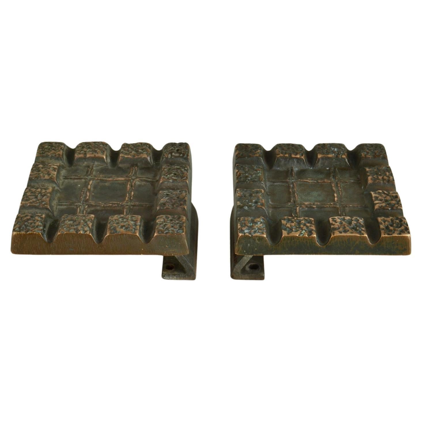 Brutalist Pair of Bronze Square Push Pull Door Handles with Geometric Relief For Sale