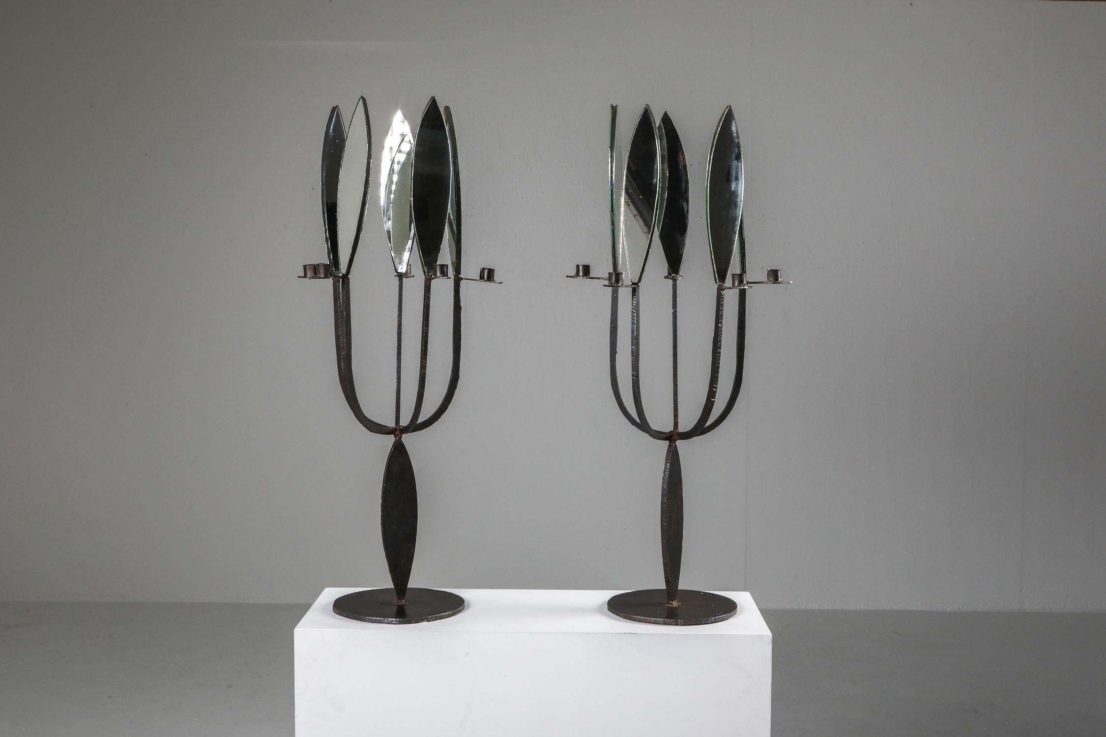 Brutalist Pair of Candelabras with Mirrors 5