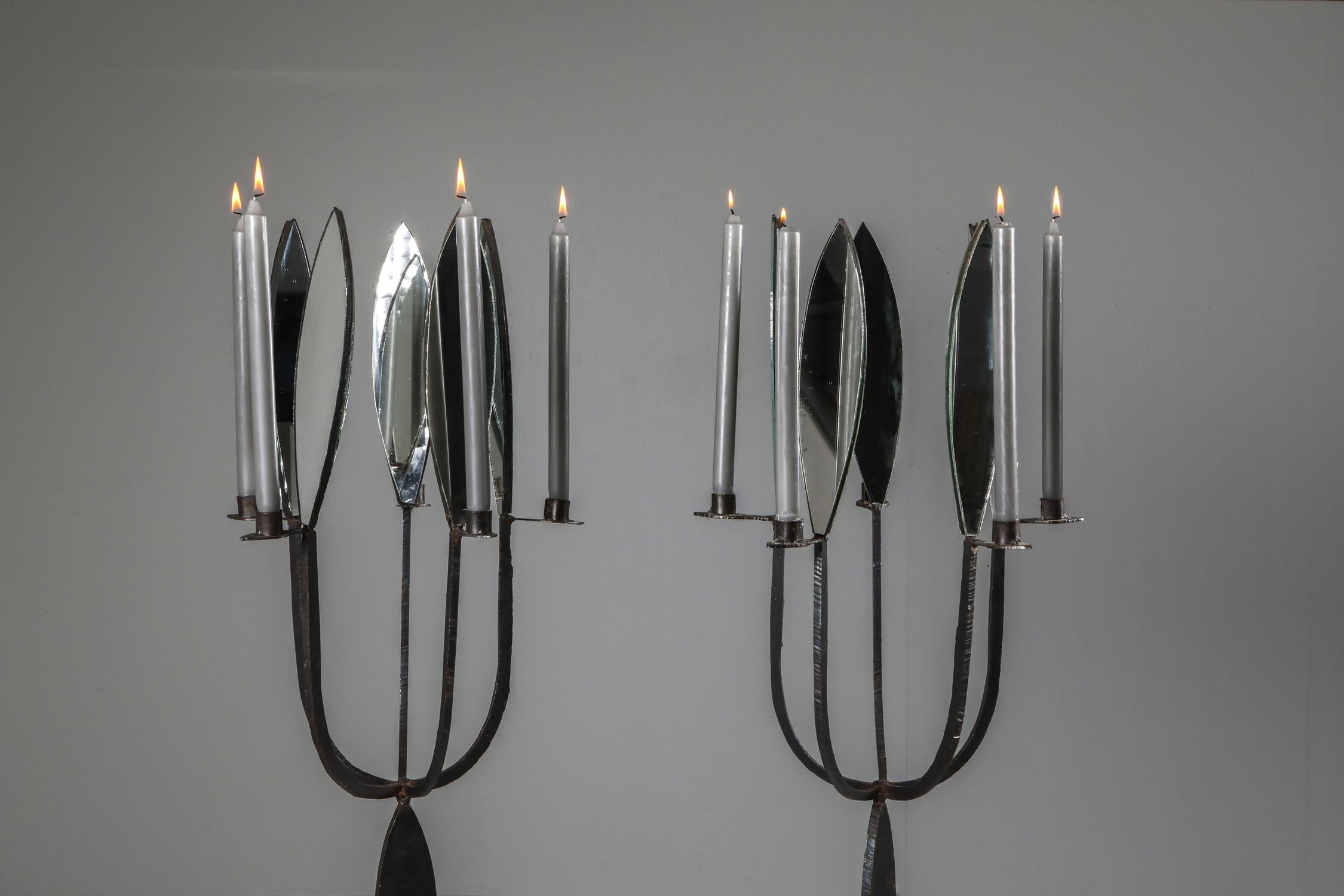 Brutalist Pair of Candelabras with Mirrors 6