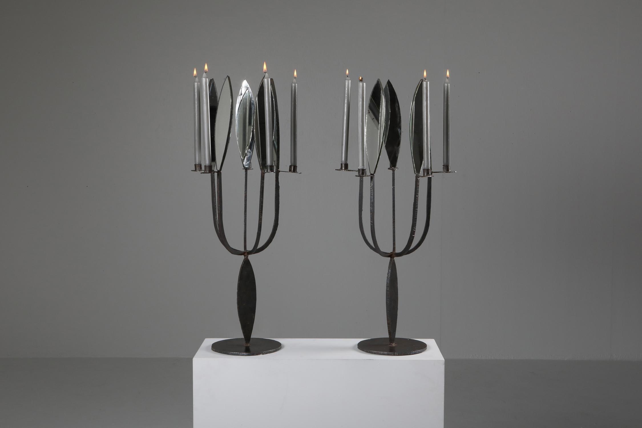 Brutalist Pair of Candelabras with Mirrors 4