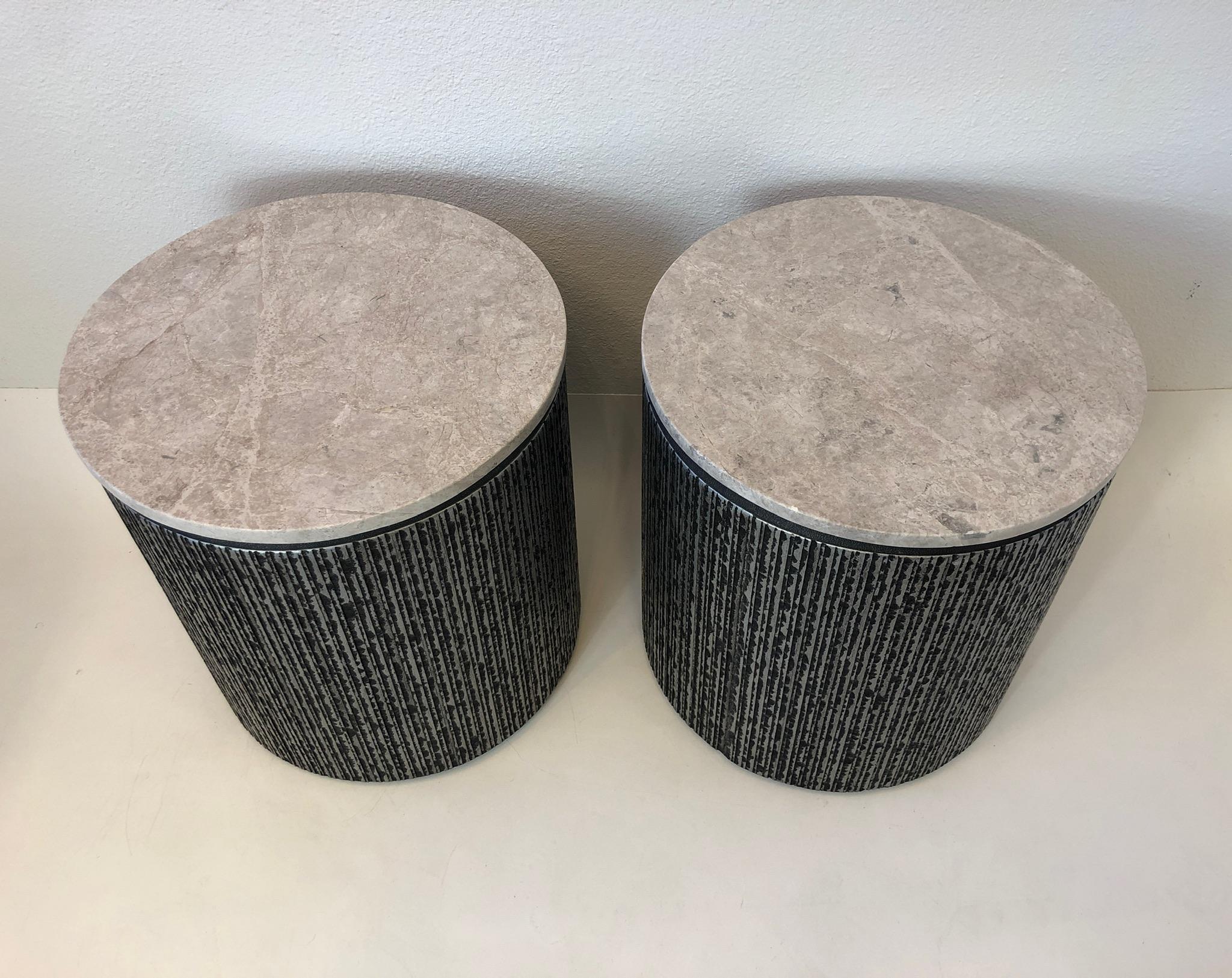 Late 20th Century Brutalist Pair of Drum Side Table by Form and Surfaces for Steve Chase
