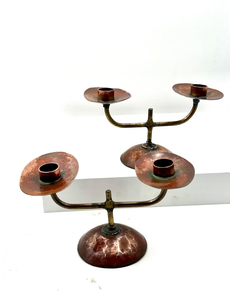 Brutalist Pair of Hand Hammered Copper and Brass Candle holders For
