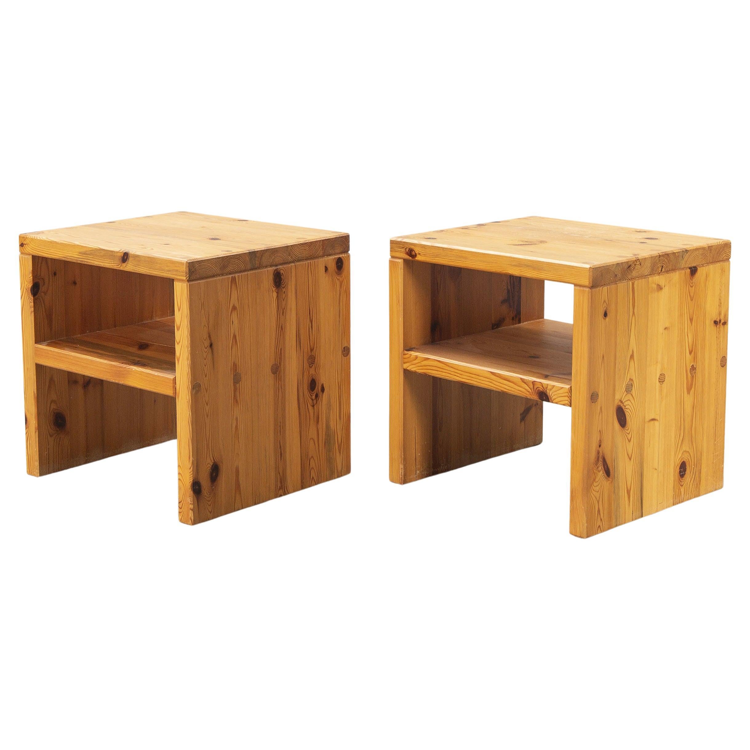 Pair of side tables / bedside tables designed by Swedish designer Sven Larsson. Distinctive for his work is the use of solid pine wood and the refined joinery that shows his true craftsmanship. 
Sven Larsson is one of the Swedish pioneers of the