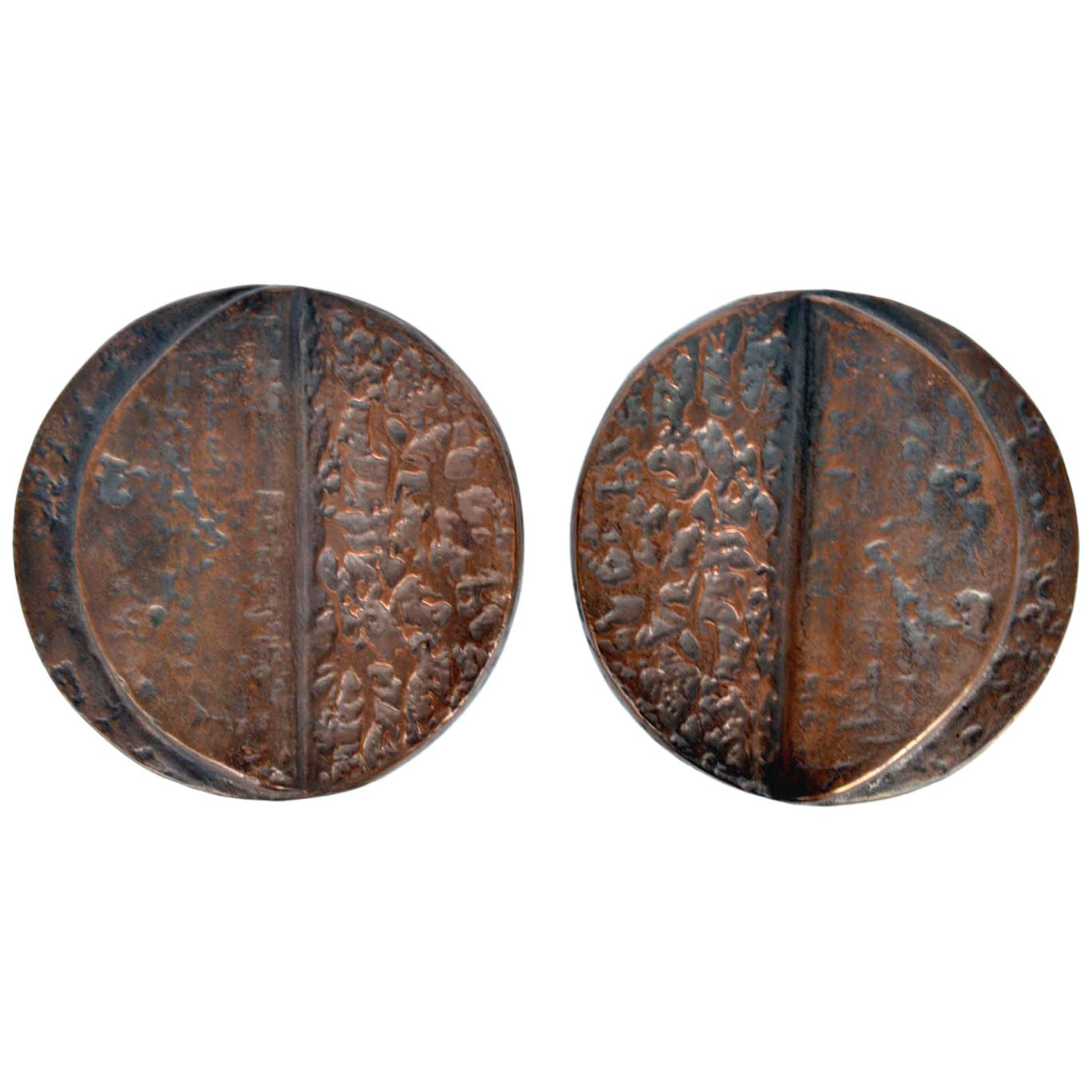 Pair of Round Bronze Brutalist Push and Pull Door Handles 1