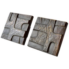 Brutalist Pair of Square Bronze Push and Pull Door Handles with Abstract Relief