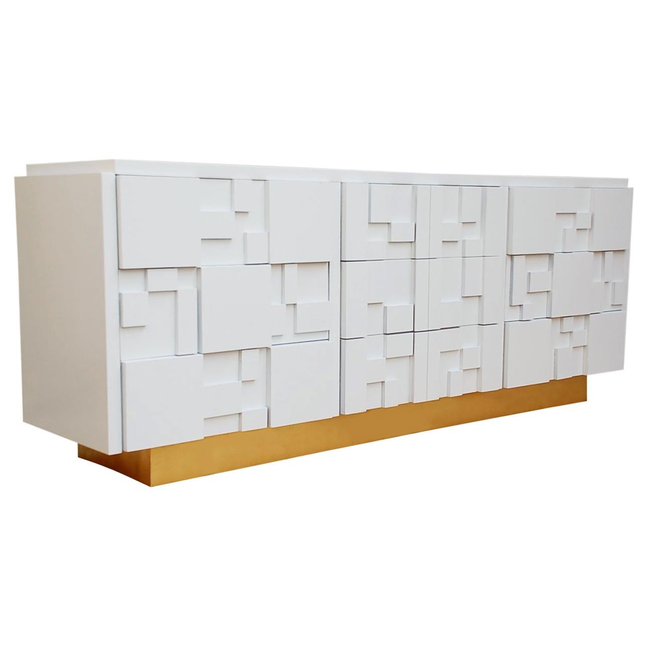 Brutalist Patchwork Mid-Century Modern White and Brass Dresser or Credenza