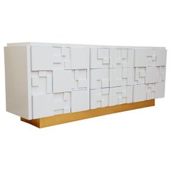 Brutalist Patchwork Mid-Century Modern White and Brass Dresser or Credenza