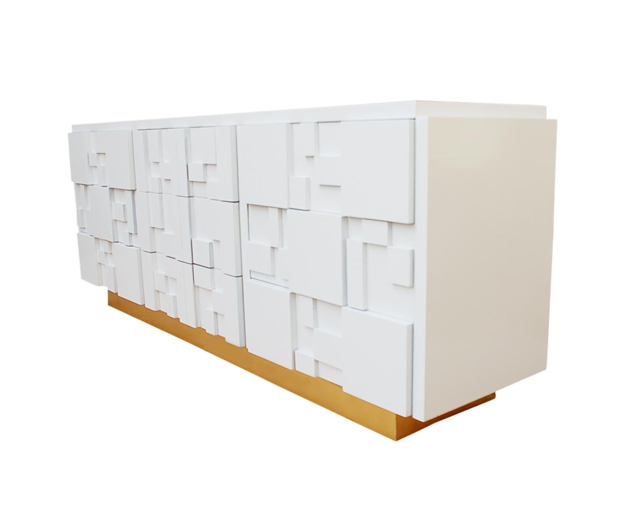 Brutalist Patchwork Mid-Century Modern White and Brass Dresser or Credenza 6