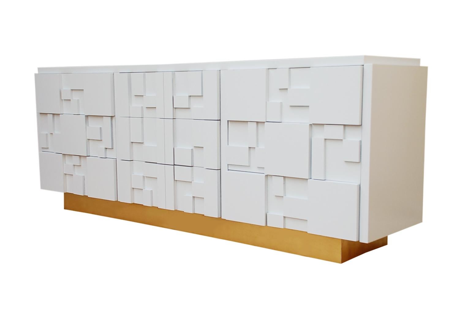 Late 20th Century Brutalist Patchwork Mid-Century Modern White and Brass Dresser or Credenza