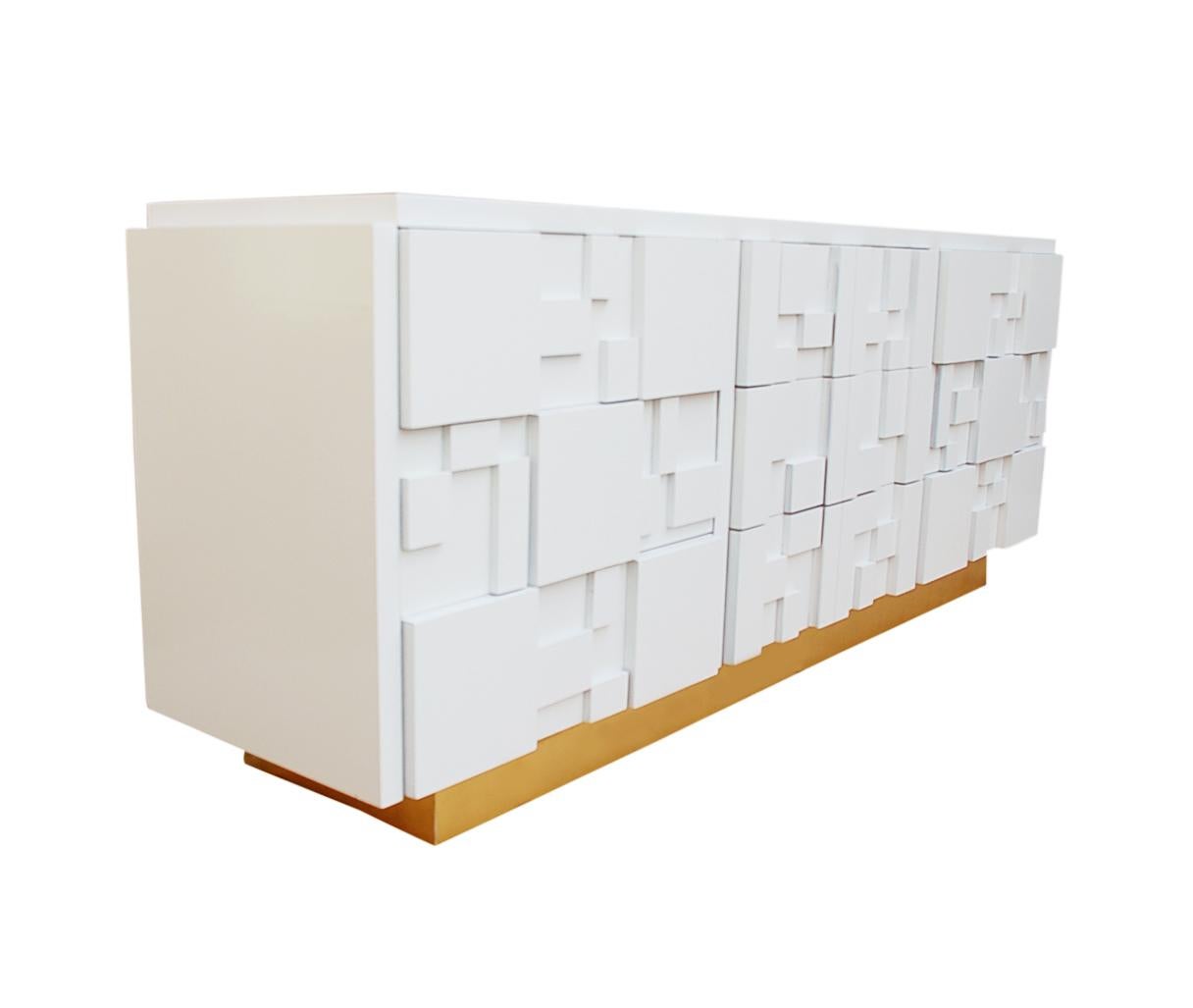 Brutalist Patchwork Mid-Century Modern White and Brass Dresser or Credenza 1