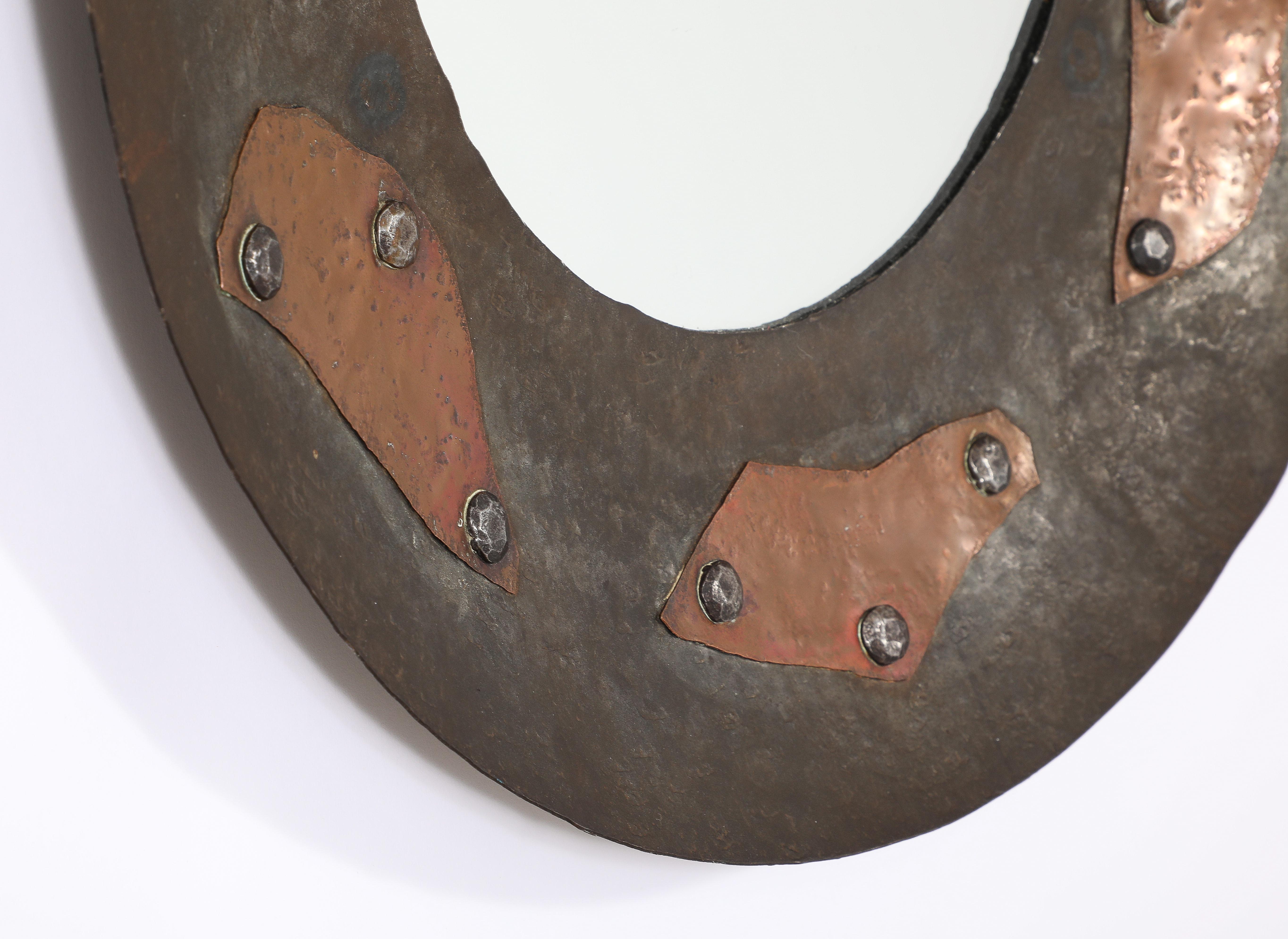 Hammered Brutalist Patchwork Mirror, France 1950's For Sale