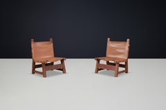 Brutalist Patinated Leather and Wood Easy Chairs, Spain, 1950s
