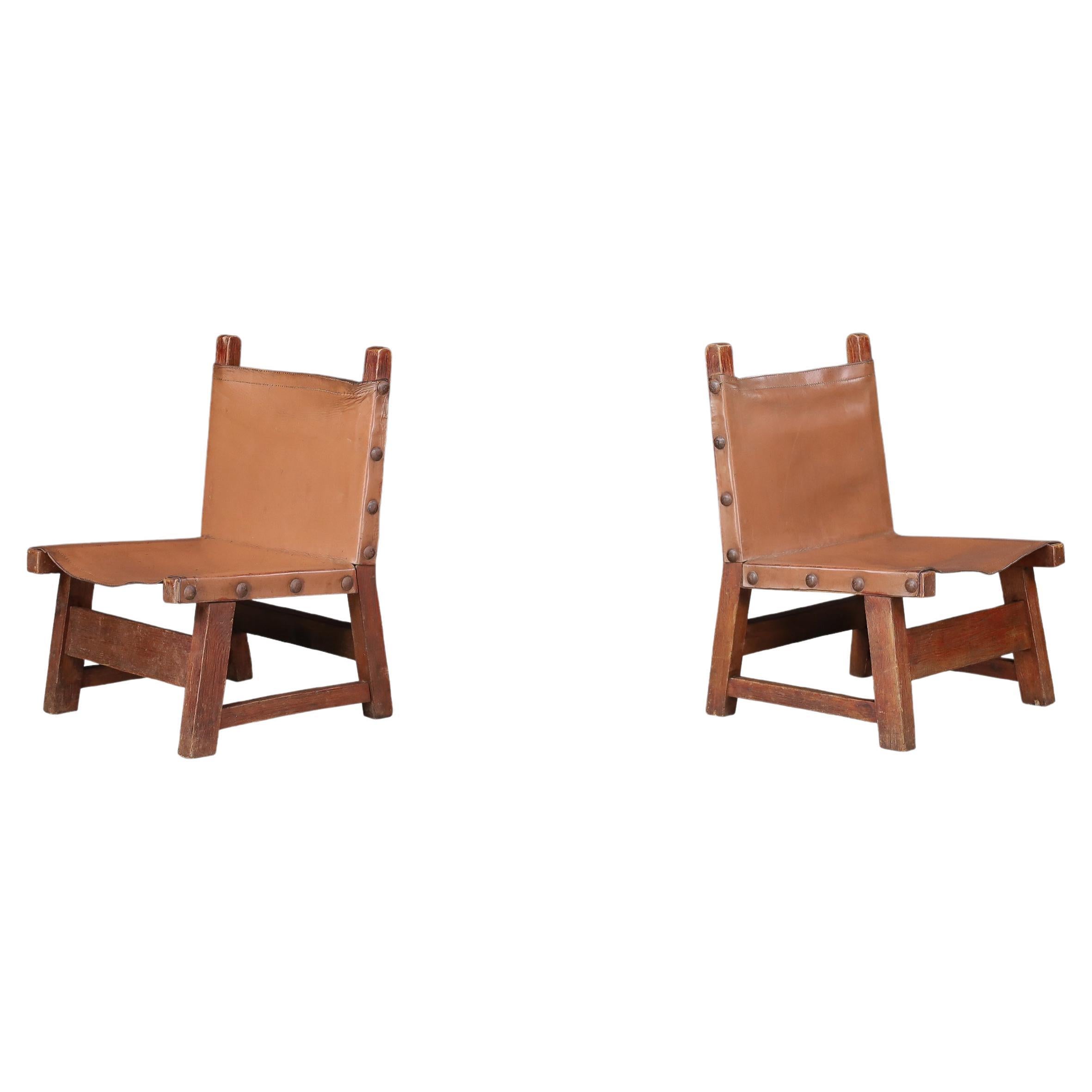 Fauteuils brutalistes en cuir patiné et Wood Wood, Espagne, années 1950