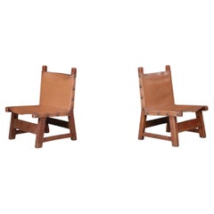 Brutalist Patinated Leather and Wood Easy Chairs, Spain, 1950s