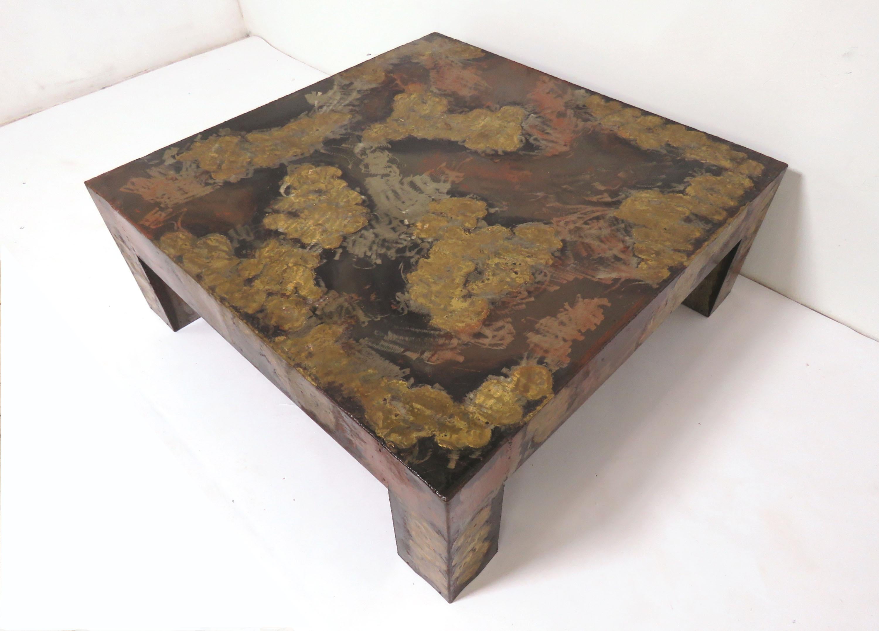 Brutalist Parsons style coffee table in patinated metal, in the manner of Paul Evans, circa 1960s.

Obtained from the original owner, who purchased the table in 1968, anecdotally from a sculptor/metal artist in the Hartford, CT area. Due to its