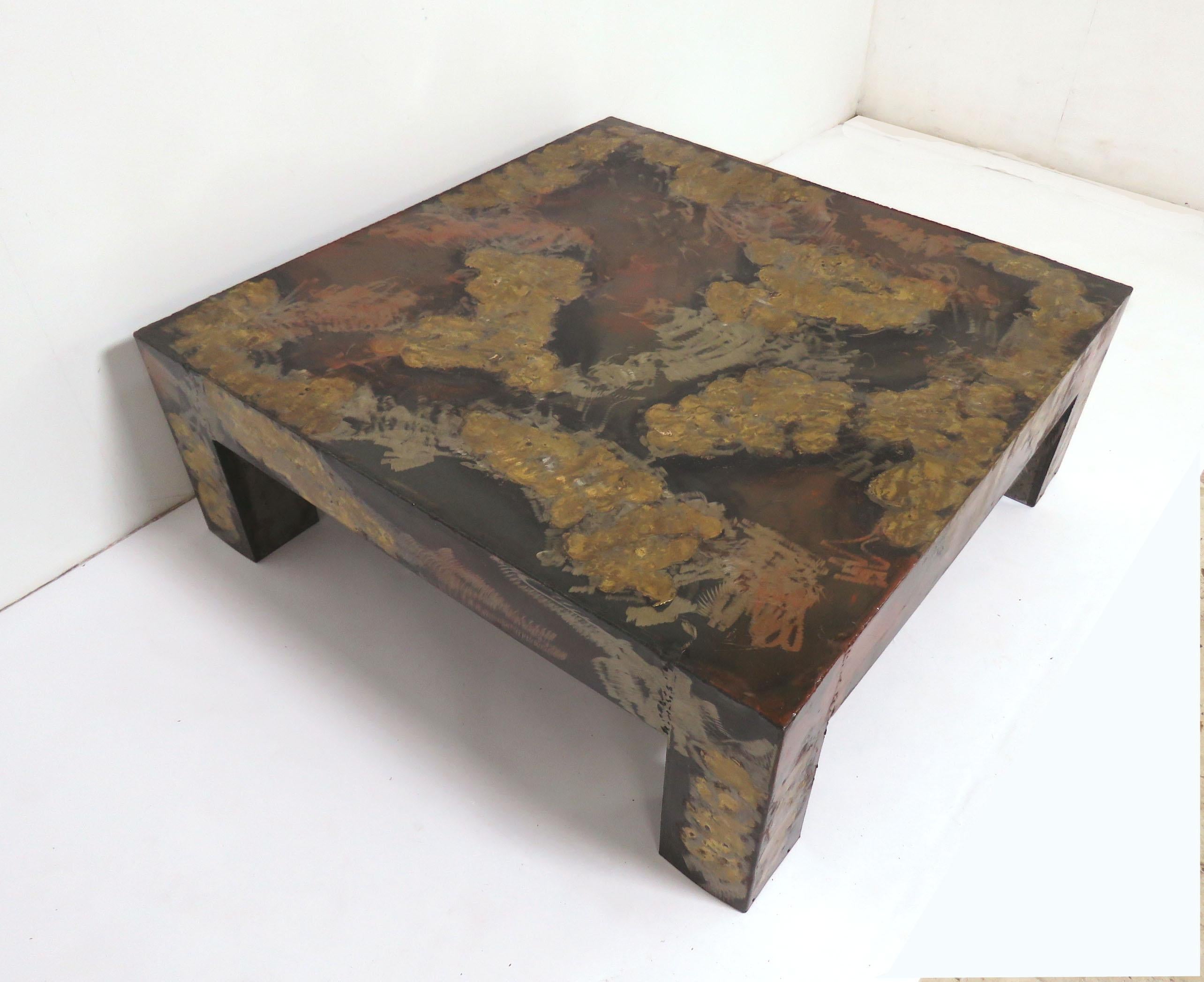 American Brutalist Patinated Metal Parsons Style Coffee Table in the Manner of Paul Evans