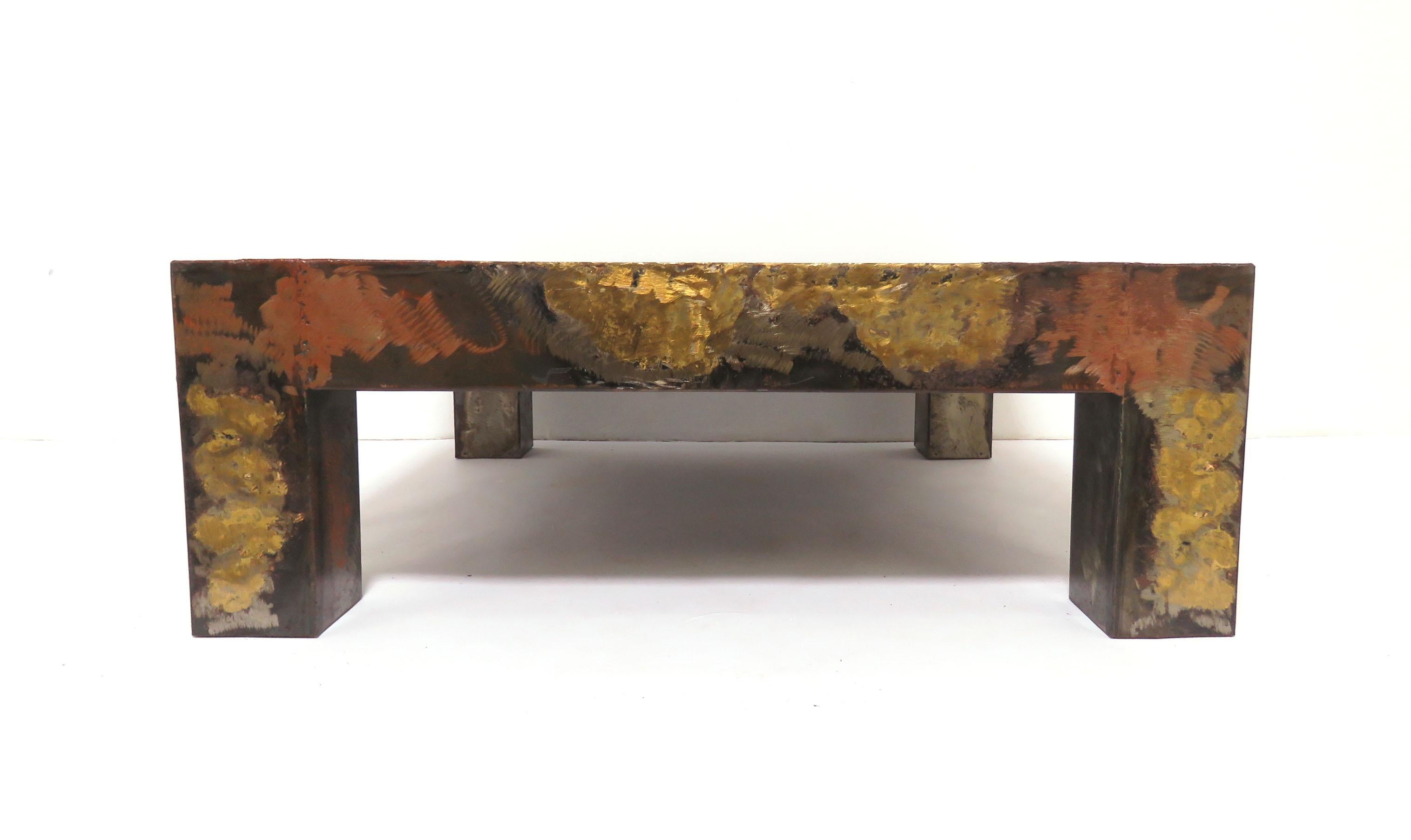 Brutalist Patinated Metal Parsons Style Coffee Table in the Manner of Paul Evans In Good Condition In Peabody, MA