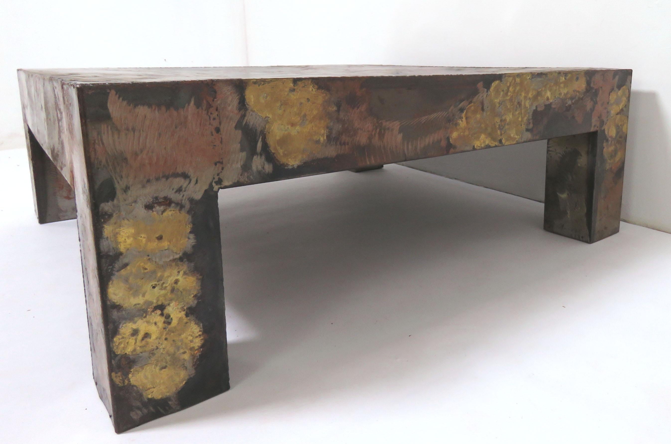 Brutalist Patinated Metal Parsons Style Coffee Table in the Manner of Paul Evans 3