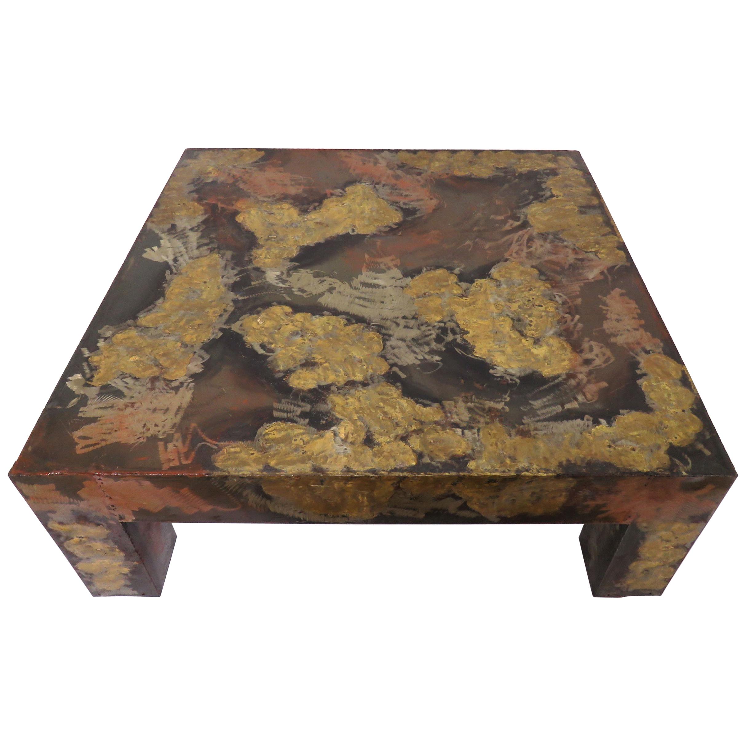 Brutalist Patinated Metal Parsons Style Coffee Table in the Manner of Paul Evans