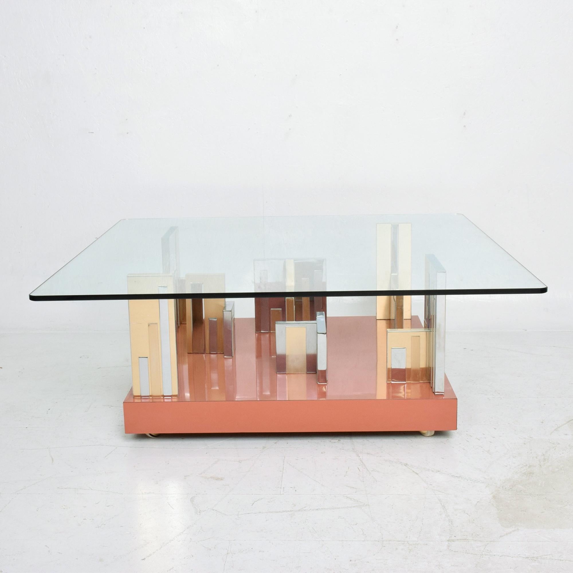 Mid-Century Modern Paul Evans Patchwork Cityscape Platform Coffee Table in Chrome & Brass 1970s