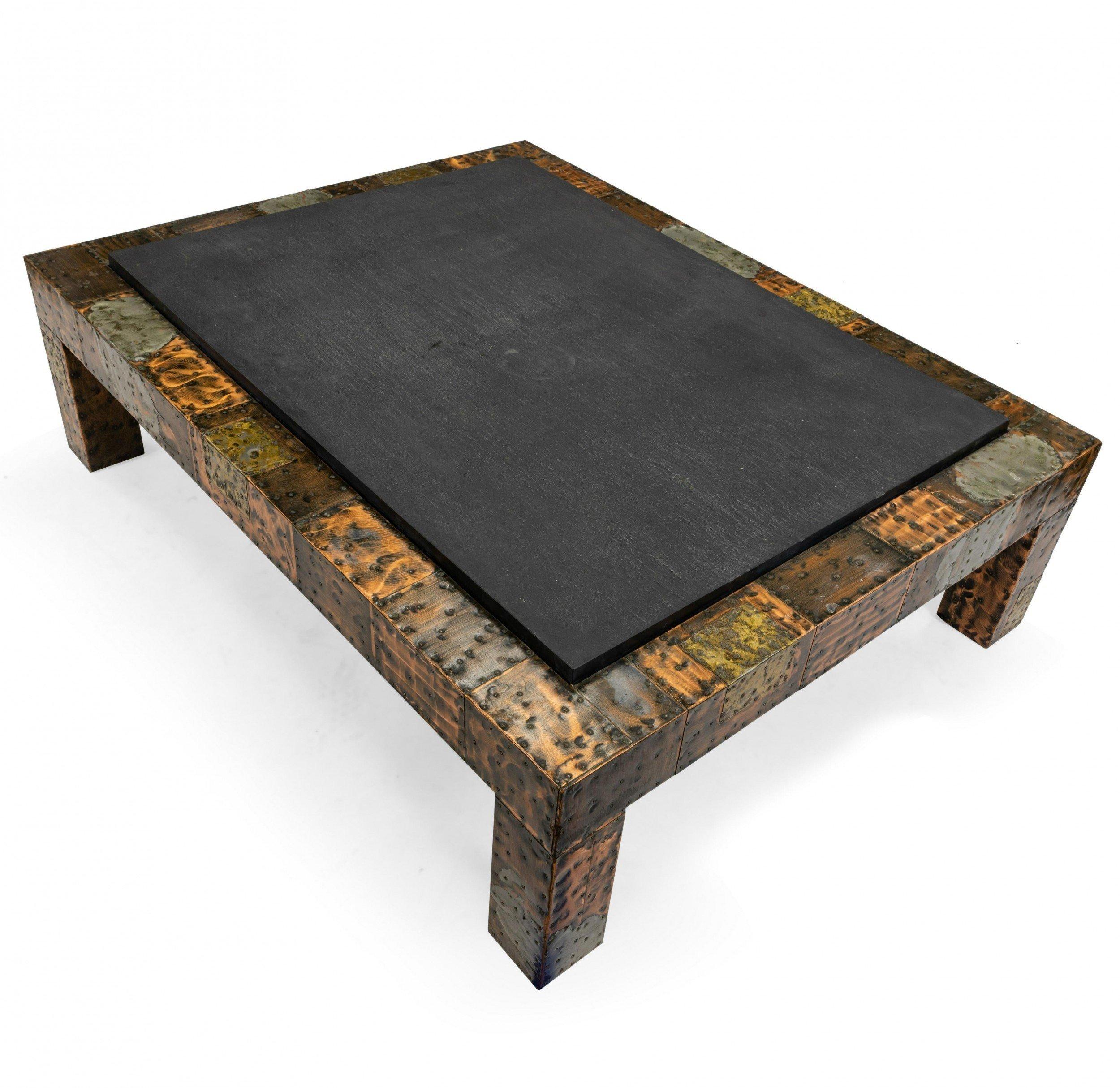 Brutalist American Modern 1970s Paul Evans for Directional patinated patchwork metal coffee table with riveted copper, brass, and pewter sheeting with slate top.