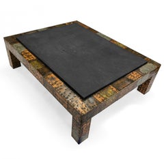 Table basse brutaliste Paul Evans Patinated Patchwork avec plateau en ardoise