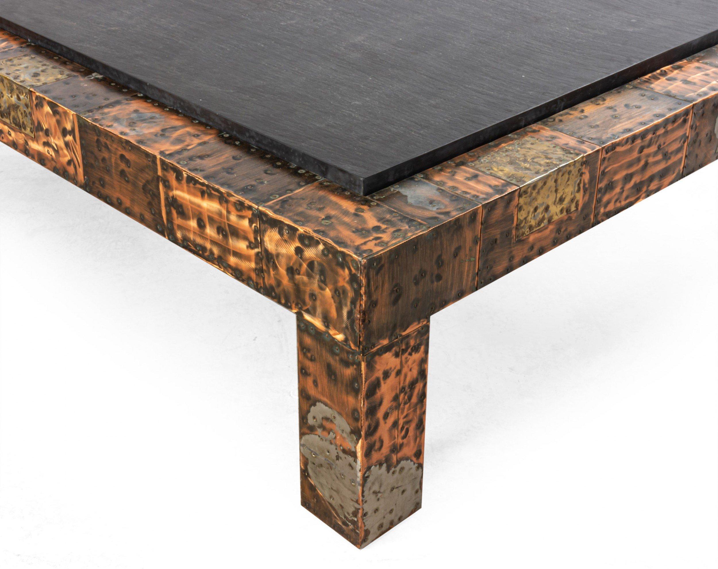 Brutalist Paul Evans Patinated Patchwork Coffee Table with Slate Top In Good Condition For Sale In New York, NY