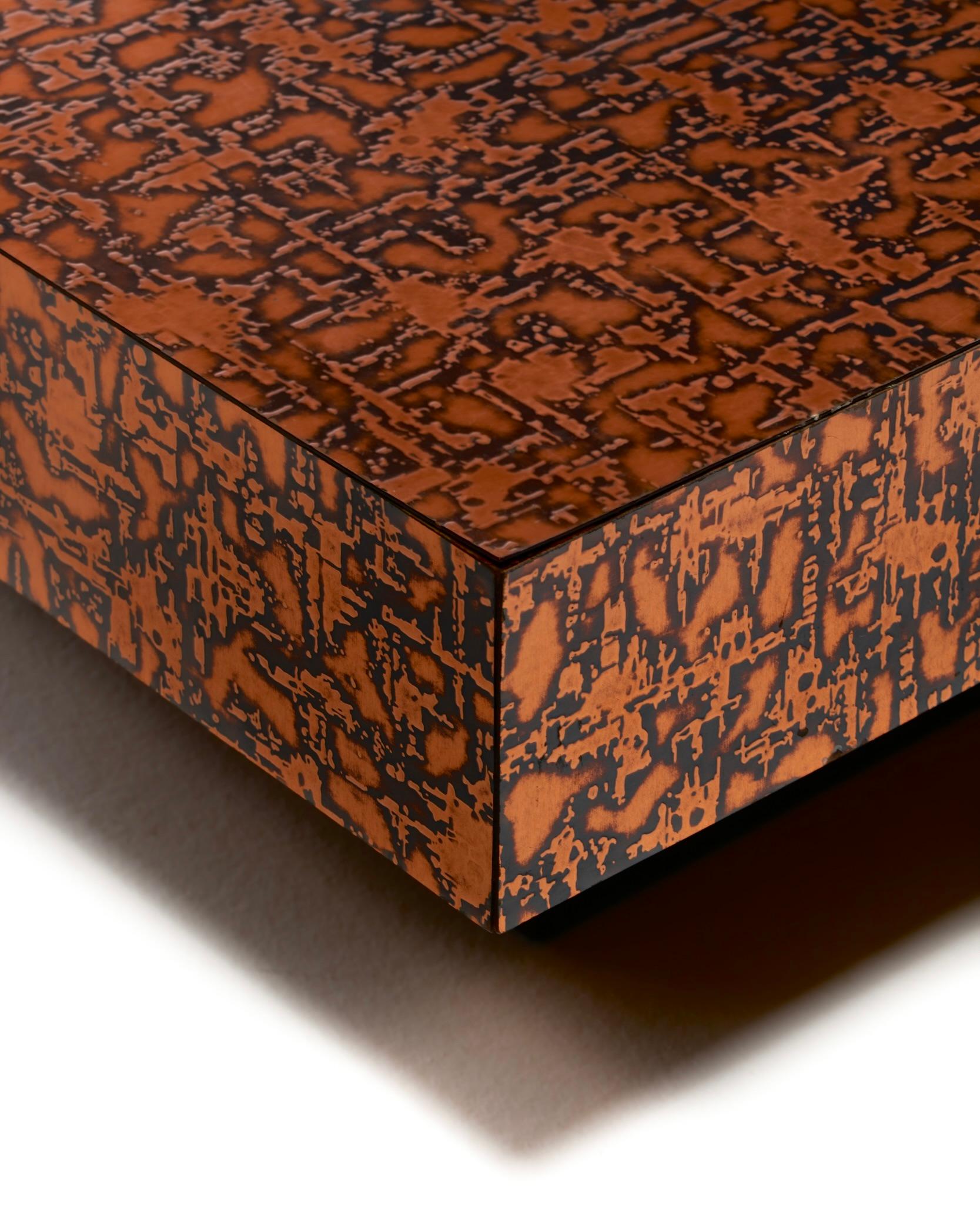 Metal Brutalist Paul Evans Style Etched Copper Square Coffee Table c. 1970s