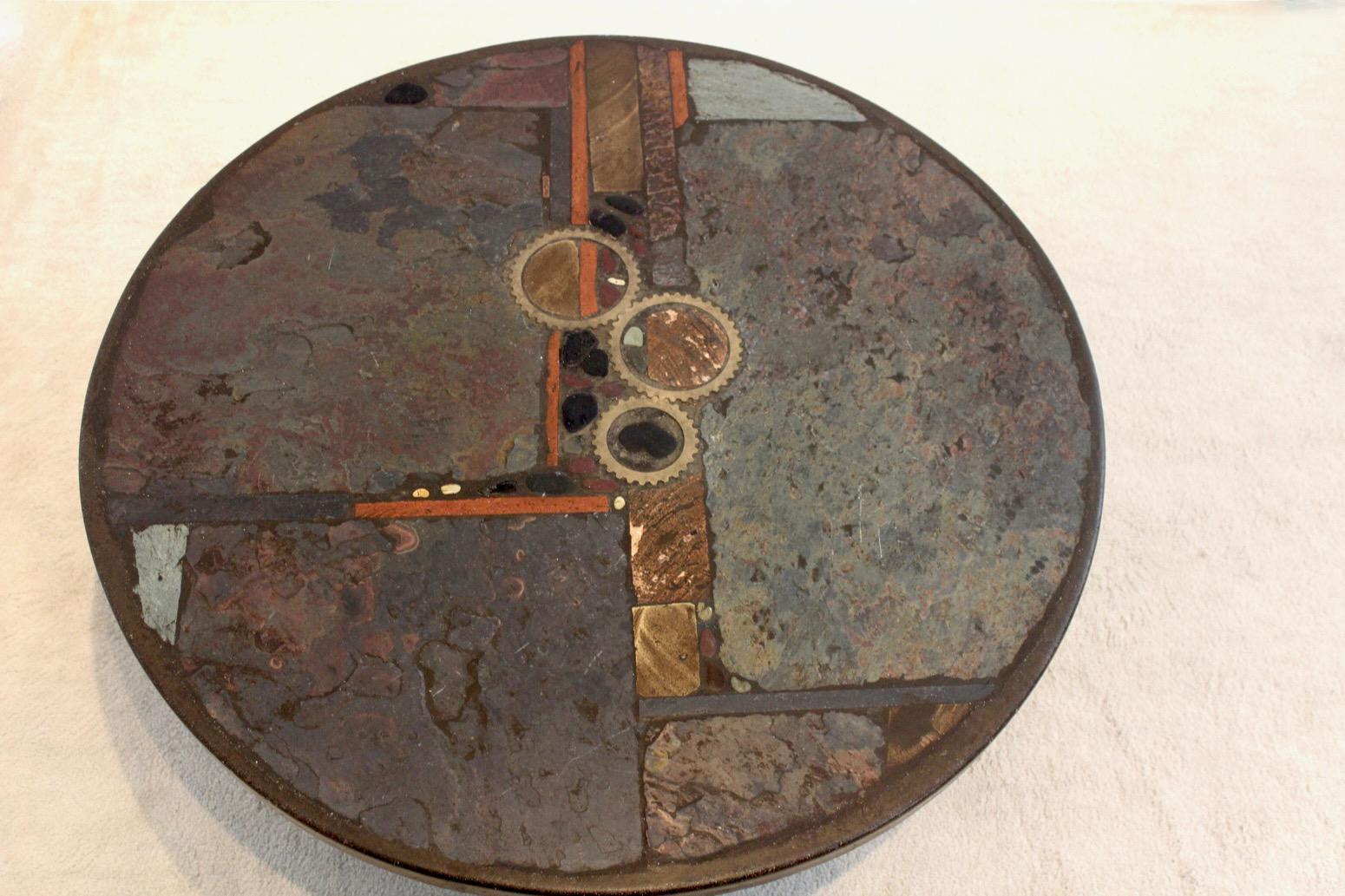 Fantastic and Unique Paul Kingma Art Slate Coffee Table with Metal Foot. Made and signed in the ‘80s for a client in the Netherlands. The table comes from the first owner and is signed ‘KINGMA’ on a copper tag inset into the tabletop. No other Table