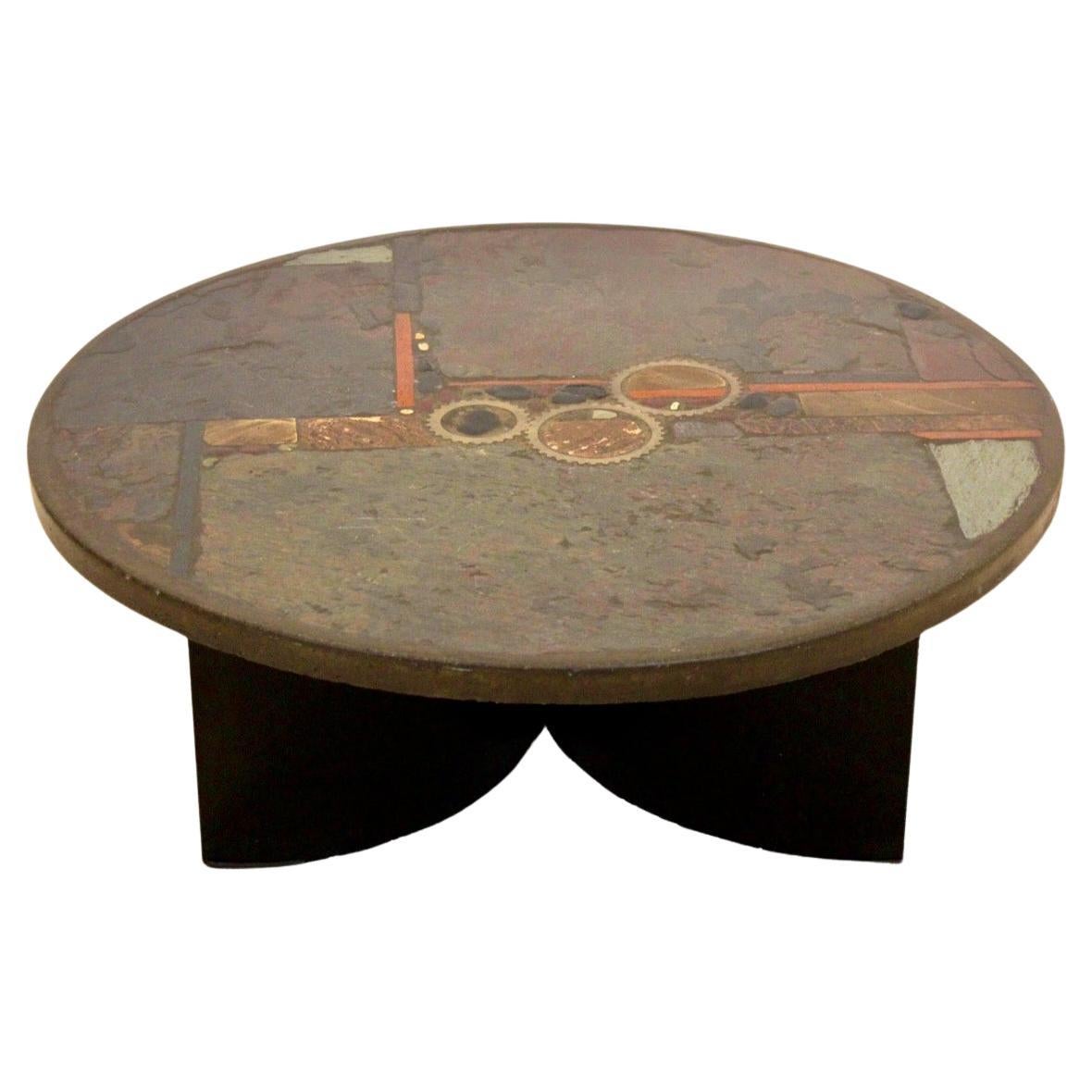 Brutalist Paul Kingma One-Off Slate, Ceramic and Brass Artwork Coffee Table For Sale