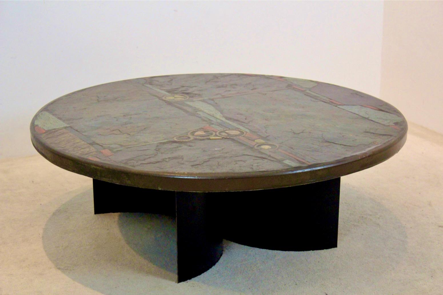Brutalist Paul Kingma One-Off Slate, Cerarmic and Brass Artwork Coffee Table, Si 4