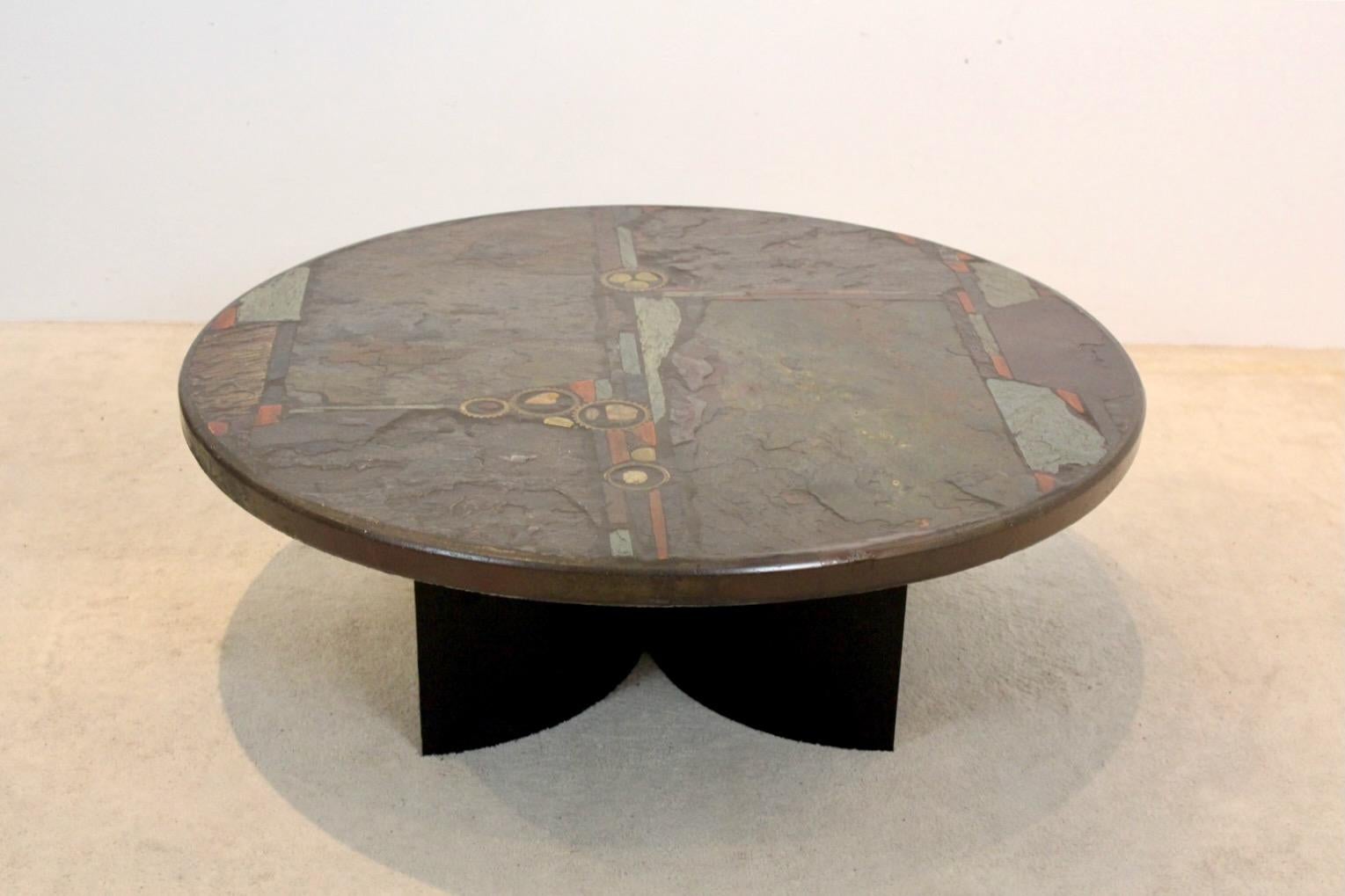 Fantastic and Unique Paul Kingma Art Slate Coffee Table with Metal Foot. Made and signed in the ‘80s for a client in the Netherlands. The table comes from the first owner and we even have an email sent by Paul Kingma to this first owner. The table