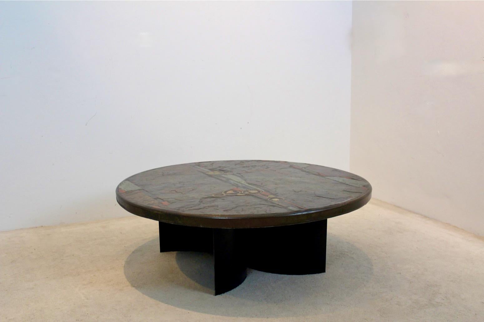Dutch Brutalist Paul Kingma One-Off Slate, Cerarmic and Brass Artwork Coffee Table, Si
