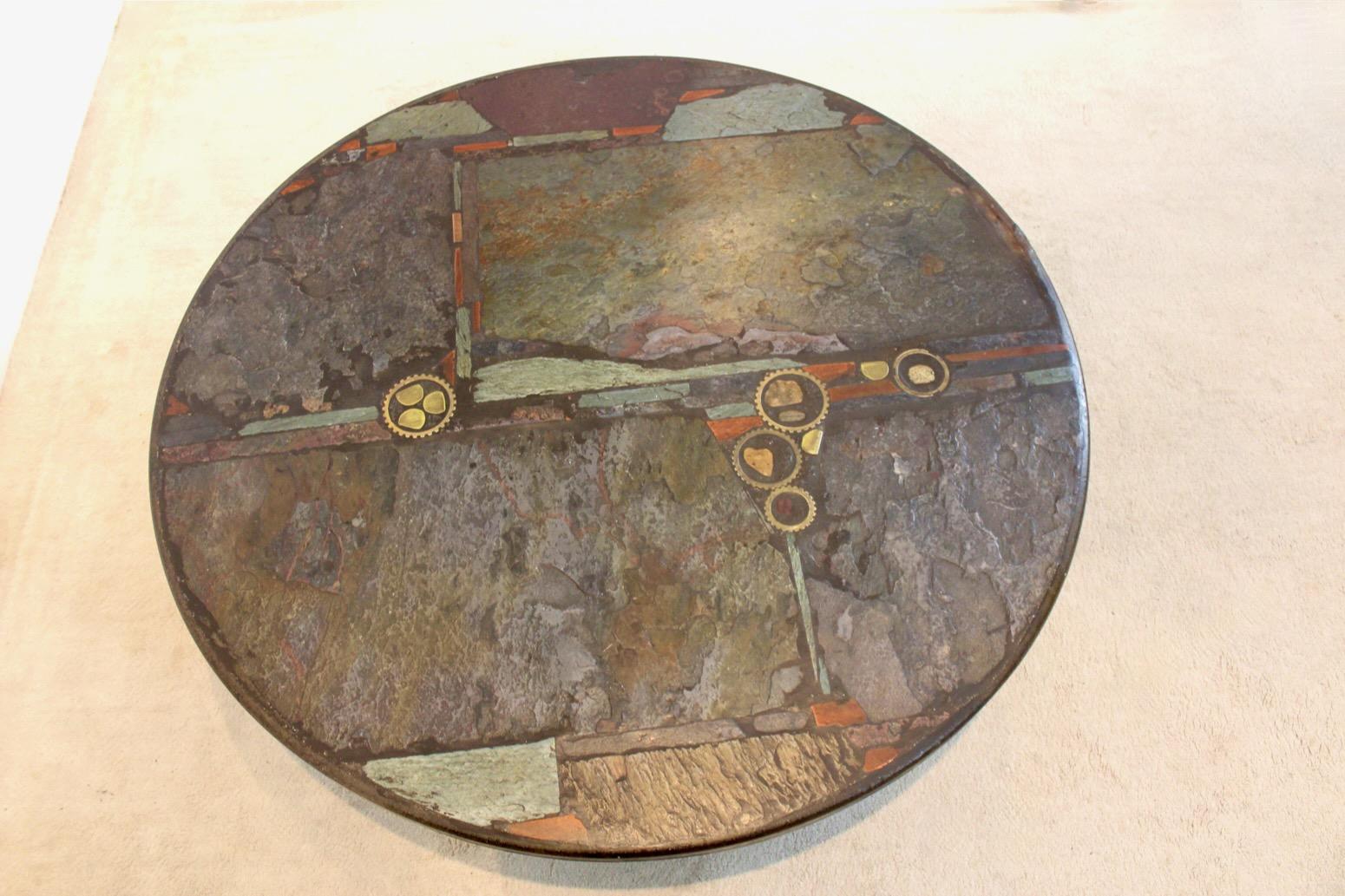 20th Century Brutalist Paul Kingma One-Off Slate, Cerarmic and Brass Artwork Coffee Table, Si