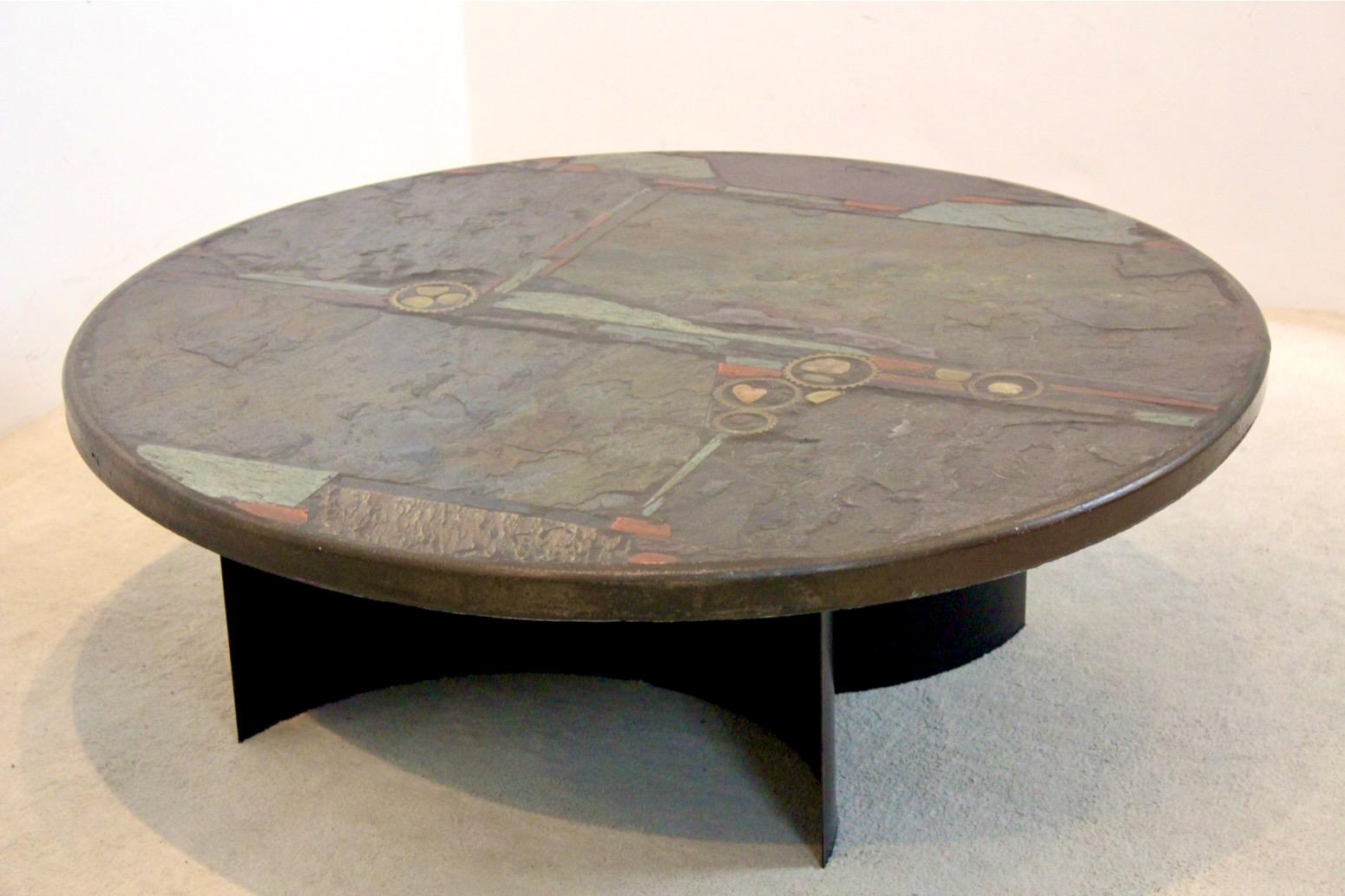 Brutalist Paul Kingma One-Off Slate, Cerarmic and Brass Artwork Coffee Table, Si 1