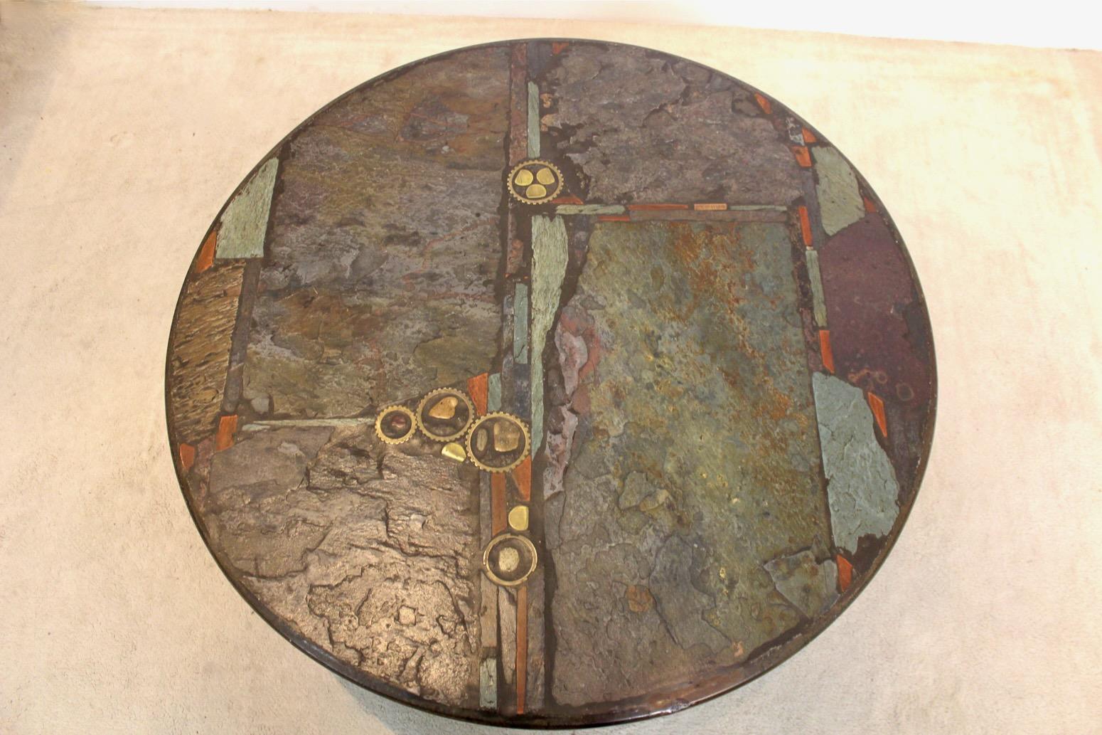 Brutalist Paul Kingma One-Off Slate, Cerarmic and Brass Artwork Coffee Table, Si 3