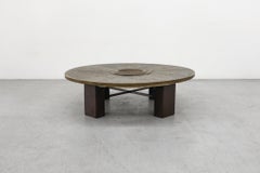 Brutalist Paul Kingma Style Stone Mosaic Coffee Table w/ Hammered Brass Bowl