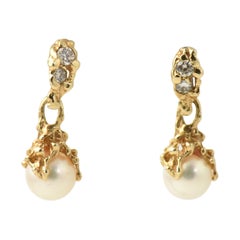 Brutalist Pearl and Diamond Yellow Gold Dangle Drop Earrings