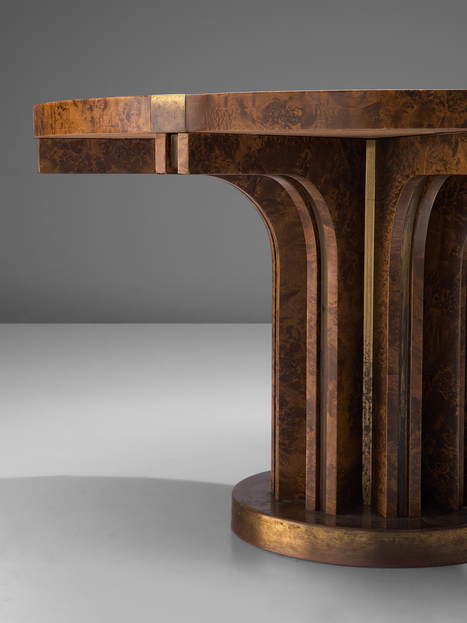 Brutalist Pedestal Table in Burl Wood and Brass, Italy, 1950s 1