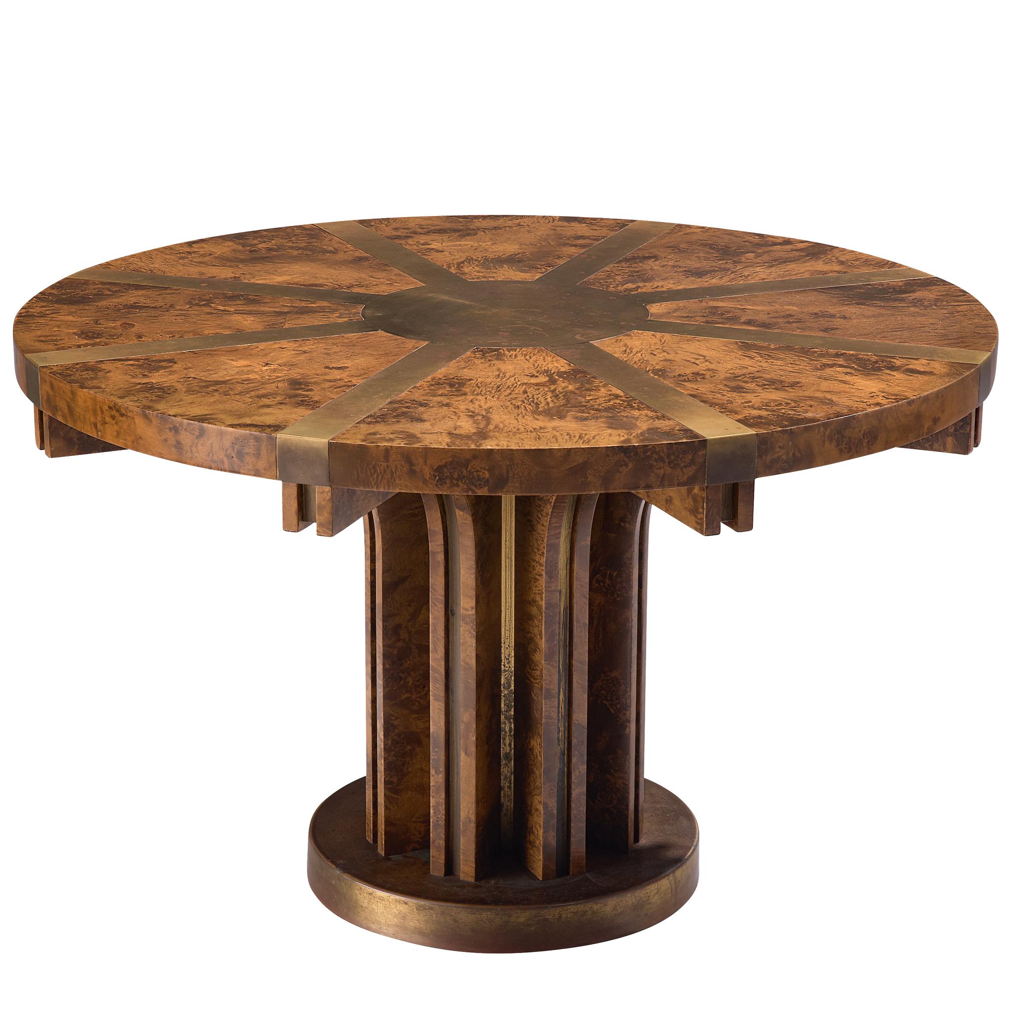 Brutalist Pedestal Table in Burl Wood and Brass, Italy, 1950s