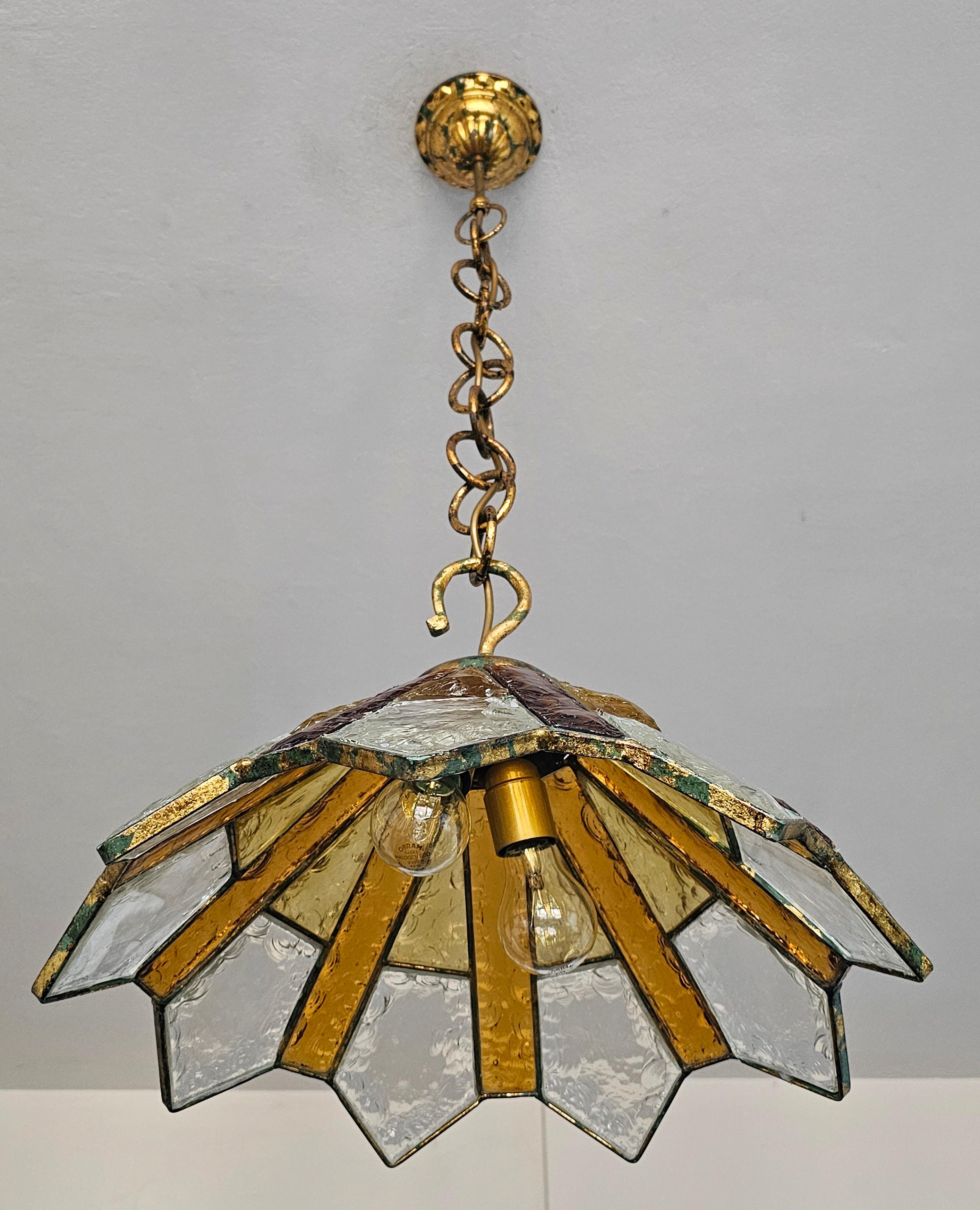 Brutalist Pendant done in Hammered Glass and gilt iron by Longobard, Italy 1970s For Sale 5