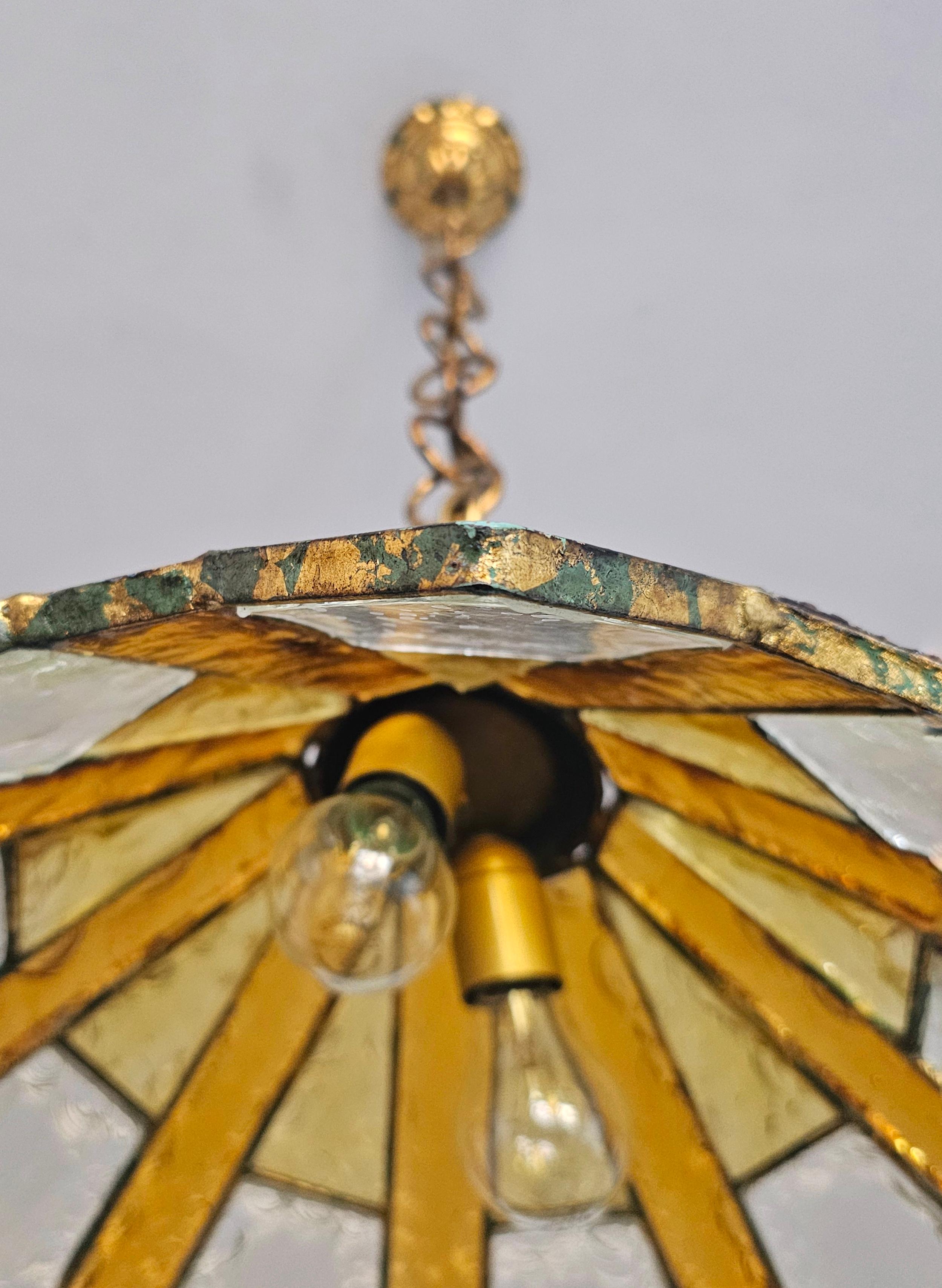 Brutalist Pendant done in Hammered Glass and gilt iron by Longobard, Italy 1970s For Sale 8