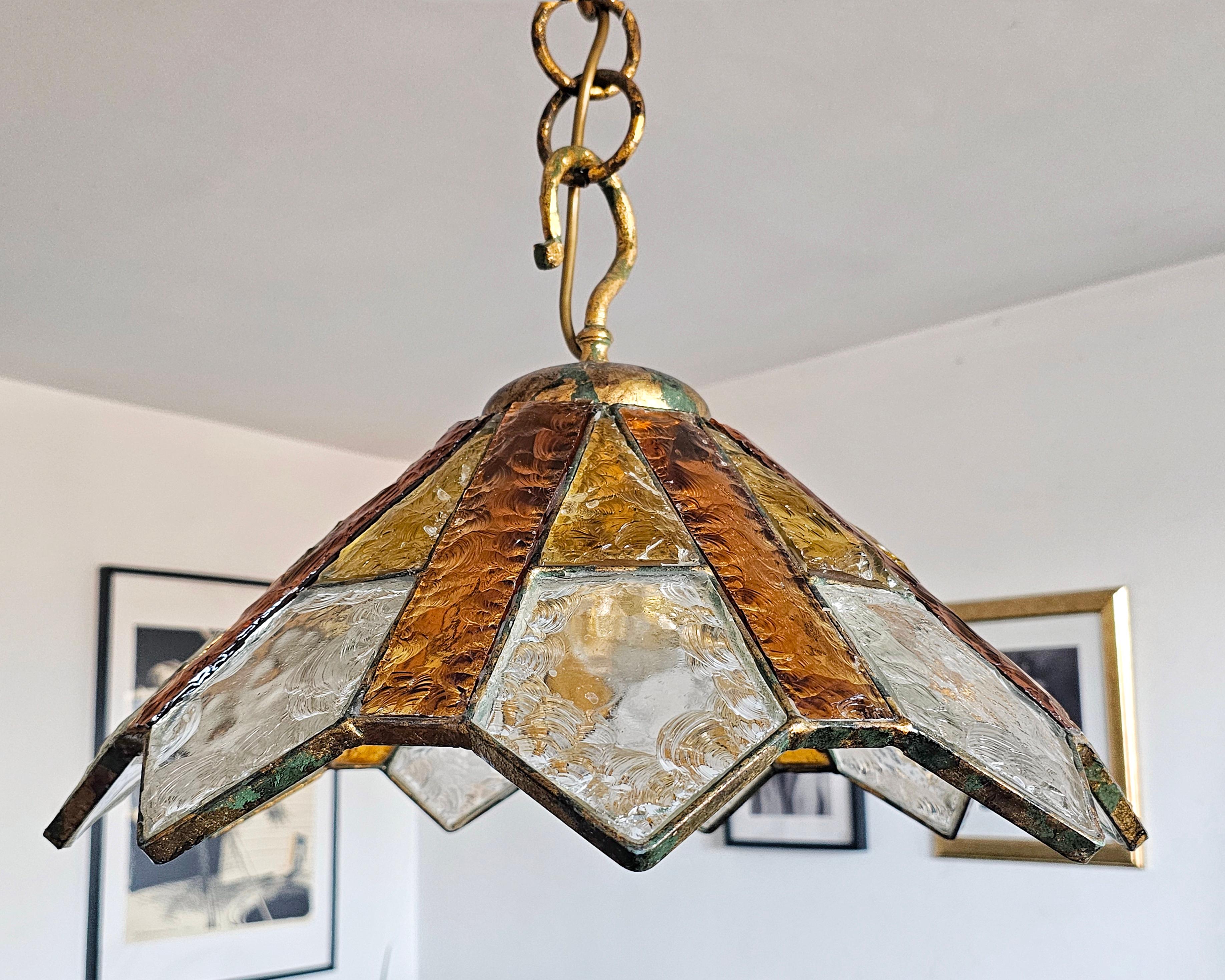 Late 20th Century Brutalist Pendant done in Hammered Glass and gilt iron by Longobard, Italy 1970s For Sale