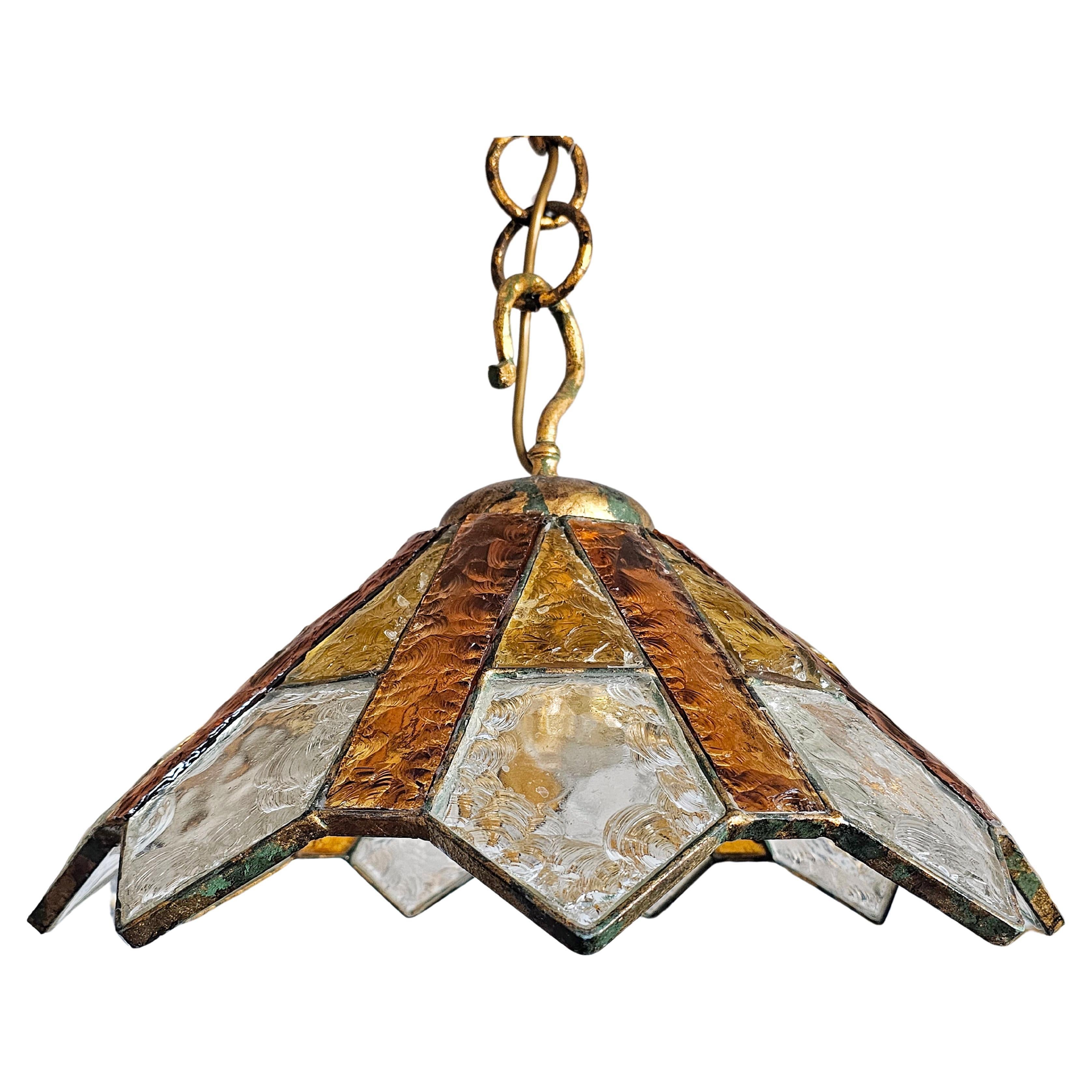 Brutalist Pendant done in Hammered Glass and gilt iron by Longobard, Italy 1970s For Sale