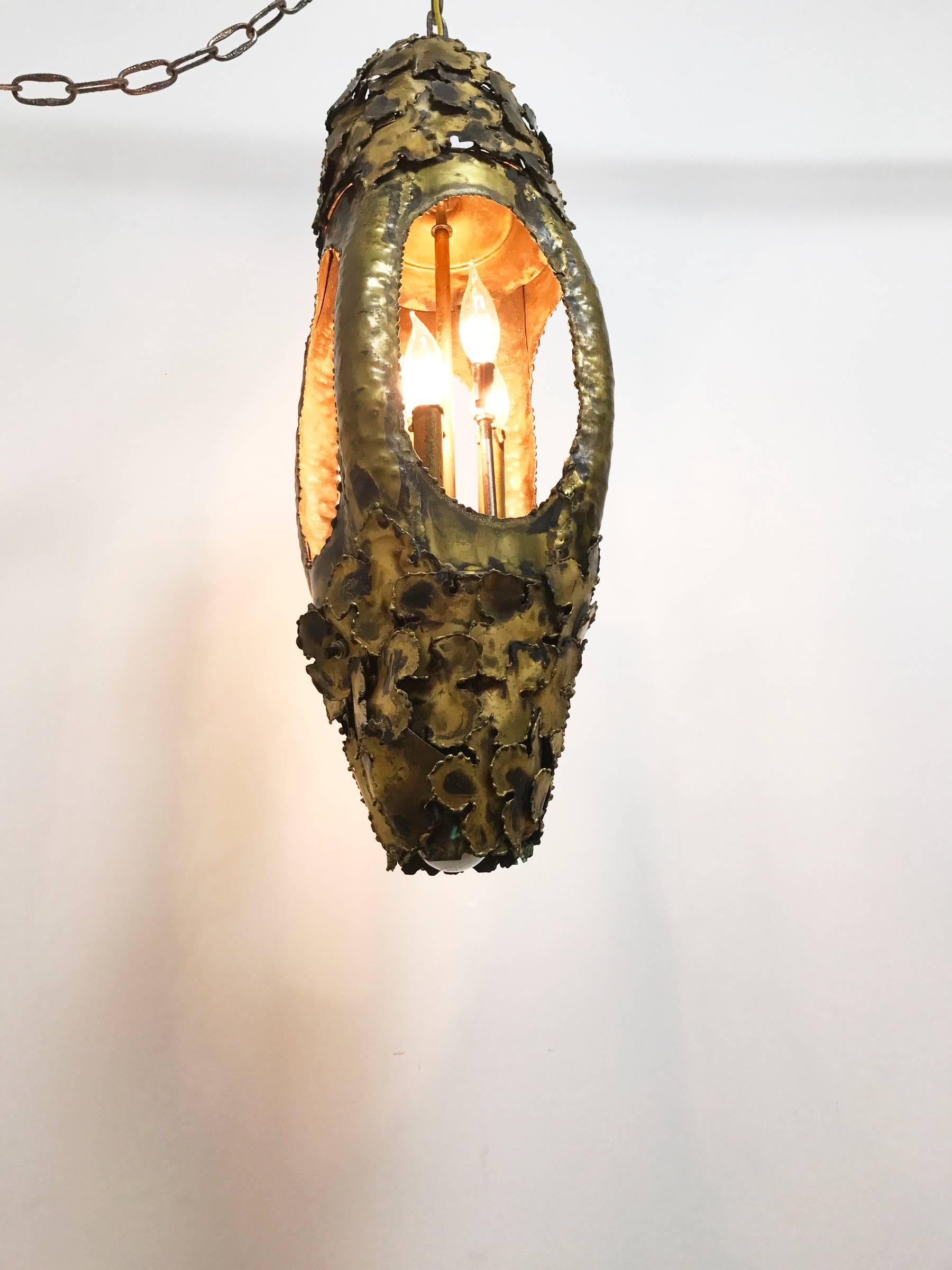 Brutalist Pendant or Lantern Executed in Torch-Cut Brass by Tom Greene, 1960s For Sale 8