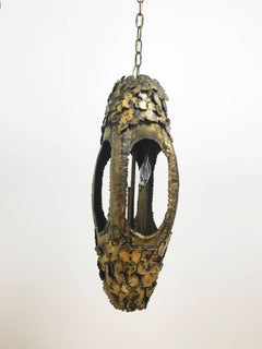 Brutalist Pendant or Lantern Executed in Torch-Cut Brass by Tom Greene, 1960s