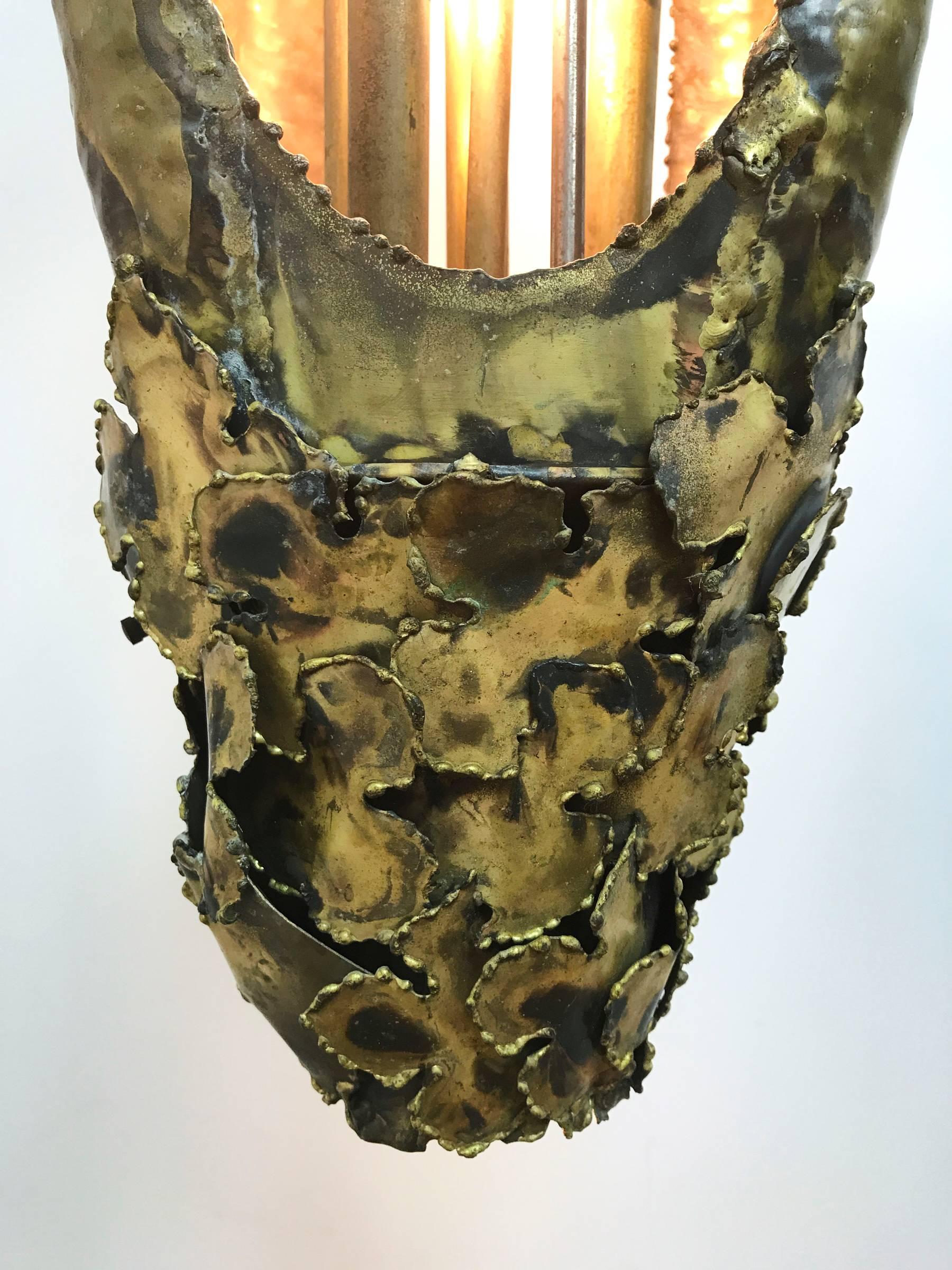 American Brutalist Pendant or Lantern Executed in Torch-Cut Brass by Tom Greene, 1960s For Sale