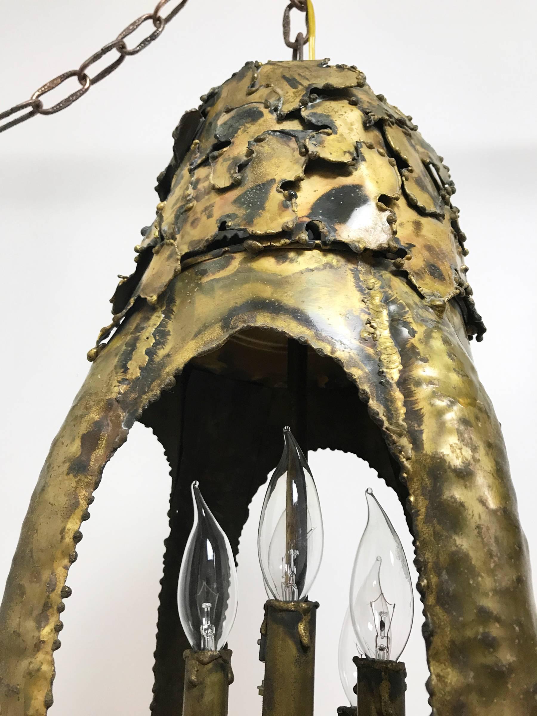 Mid-20th Century Brutalist Pendant or Lantern Executed in Torch-Cut Brass by Tom Greene, 1960s For Sale